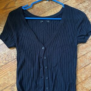 Black Ribbed Button-Up Women's Top